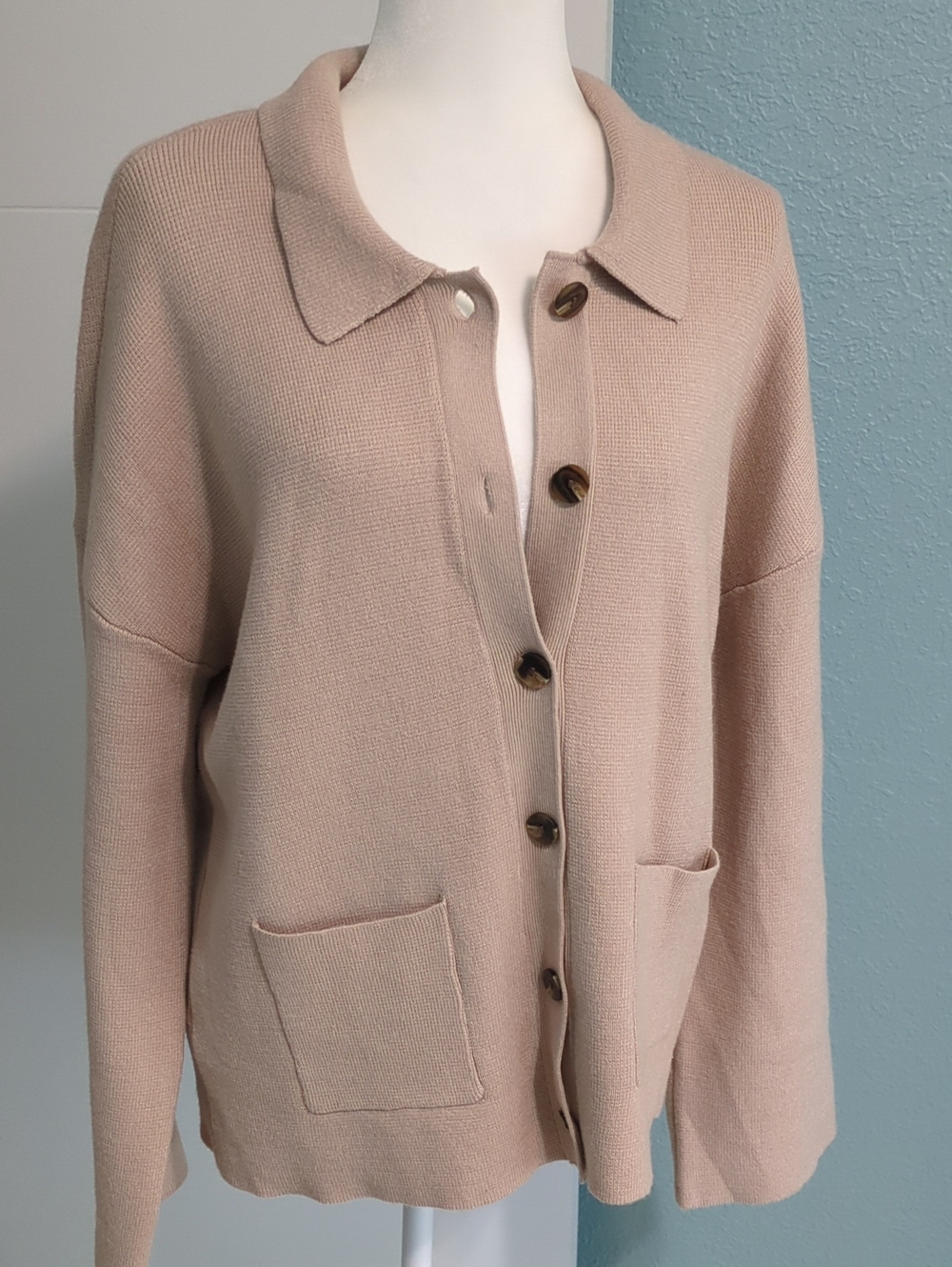 Cyrus Button-Front Collared Cardigan in Soft Beige Sz L Academia Preppy Fall
